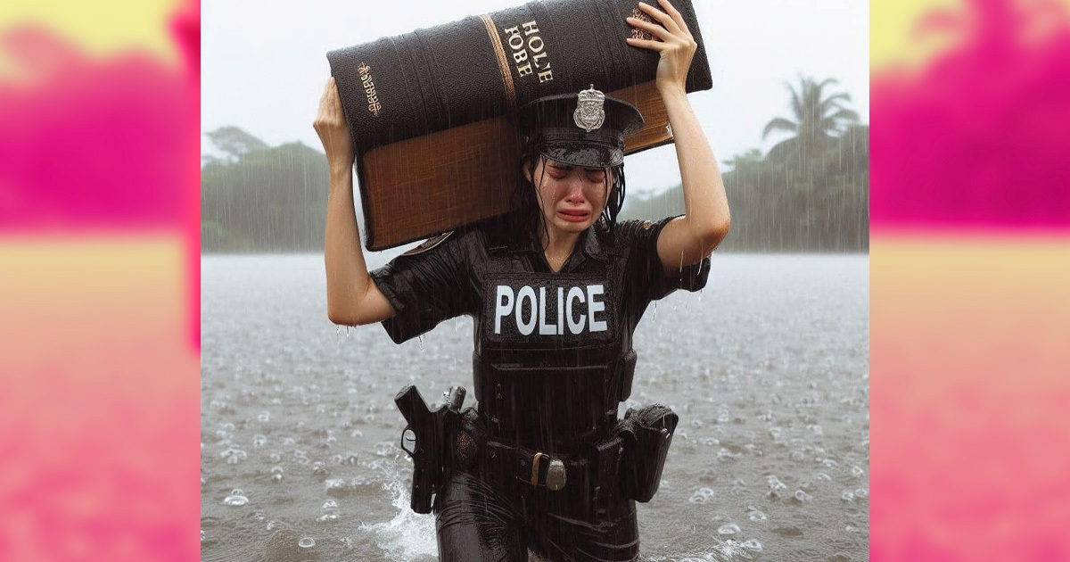 Facebook Lunatics Are Making AI-Generated Pictures of Cops Carrying Huge Bibles Through Floods Go Viral